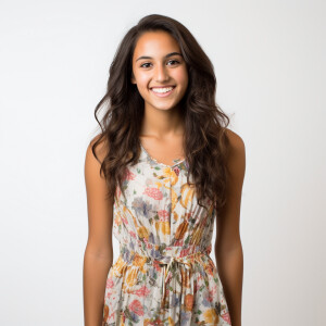 A cute woman

Californian

Smiling 

Clothes: Floral Dress

Look...