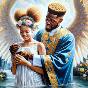 An oil painting depicting a light-skinned African-American pasto...