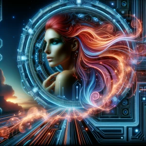 Make a massive cybernetic portal with a gorgeous redhead supermo...