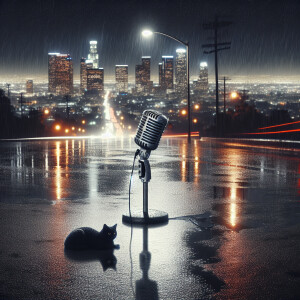 Create a scene depicting a rainy night in Los Angeles, with the...