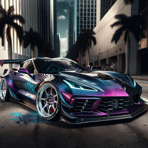 A metallic purple with 2024 corvette with a wide body kit parked...