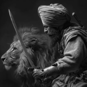Hyper realistic sikh warrior in fighting pose against a lion