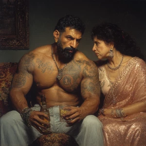 Realism,painting.a muscular beefy sweaty tattoed indian man sitt...