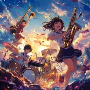 Create an anime-style album cover featuring a dynamic ensemble o...