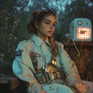 Capture a hyper-realistic, cool Cottagecore portrait of a young...