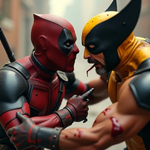 A cinematic scene depicting Deadpool and Wolverine engaged in an...