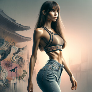 Athletic Thin skinny Attractive, Asian teenage girl, long brown hair and bangs, wearing tight skinny jeans and a halter top paint marks on her clothing, heroic pose Asian graffiti background, backside view