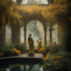 monet viktorian garden gold angel woman statues picking flower b...