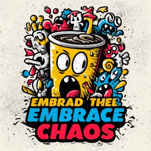 hand-drawn coffee cup tilted and overflowing, liquid morphs into...