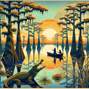 Create an image that captures the essence of Louisiana's verdant...