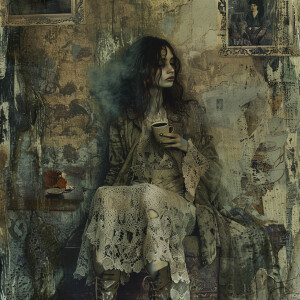 Create a mesmerizing grunge-style illustration of a fashion mode...