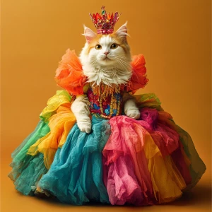 A cat in a colorful outfit who is a queen. She looks ostentatiou...