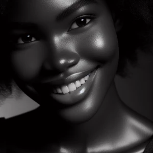 A portrait of a woman smiling warmly, the light highlighting the...