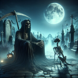 A  realistic photograph of grim reaper. he is sitting in graveya...