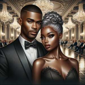 Depict an African American duo at a lavish gala. The gentleman s...