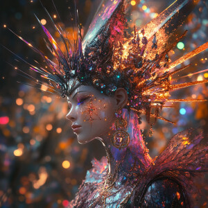 A powerful and ethereal female deity of war crafted from vibrant...