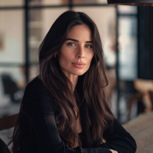 Fair-skinned woman with dark long hair, elegant and composed, ca...