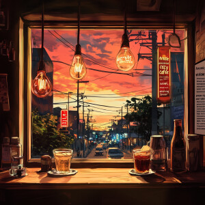 "An anime-style cozy café scene, viewed from inside and looking...