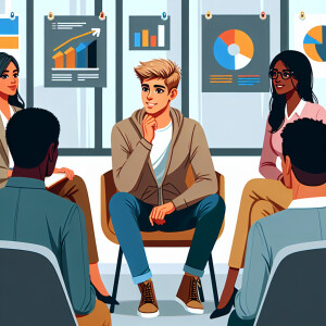 Young man 
Blond hair 
Sitting on chair
Talking with people givi...