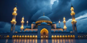 Majestic mosque standing tall against a backdrop of stormy cloud...