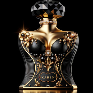 Design a fancy, black and gold bottle of perfume in the shape of a woman’s body. With a golden diamond top, flowers pearls and Diamonds in the name, Karen