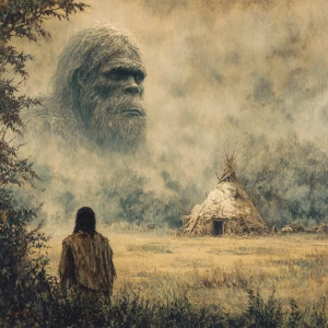 A humanoid looking hair covered sasquatch staring at a American...