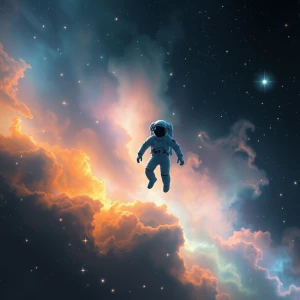 In the vast darkness of space, a lone astronaut floats through a...