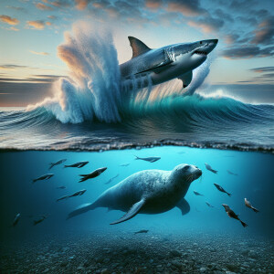 Half-submerged split-view of a great white shark pursuing a seal...