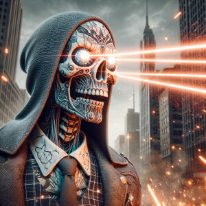 A HDR, ultra-realistic image of a mesmerizing thugged out skelet...