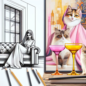 Create a stylish vogue drawing featuring a girl lounging on a so...