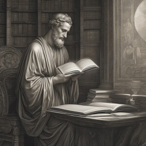 Ancient Roman scholar studying late into the night