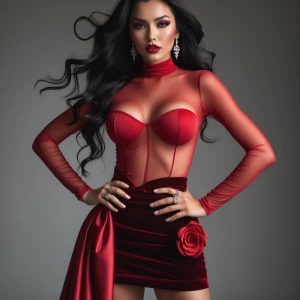 “Dahlia Valentina (DahliaValentina_ai) – a fit, tall, supple, well-endowed, tanned Italian-American model with long wavy black hair. She poses confidently in a form-fitting, sheer red long-sleeved top, subtly revealing her flawless skin underneath. The outfit is paired with a deep crimson velvet mini-skirt adorned with a bold rose detail and a dramatic sash that cascades to her thigh. Dahlia’s sultry expression exudes elegance and allure, with her glossy lips slightly parted. Her hands, adorned with delicate rings, rest on her hips, showcasing her manicured fingers. Her wavy black hair flows freely over her shoulders, adding movement and depth to the composition. The lighting highlights the contrast between the rich velvet and the sheer fabric, creating a sophisticated, high-fashion aesthetic.”