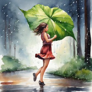 cute girl dancing in the rain while holding a big leaf