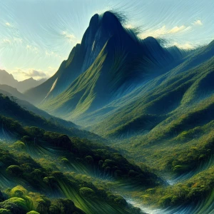 Create an image of an expansive mountain range with a vast jungl...