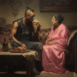 Hyperrealism,painting.a muscular criminal delhi man sitting dr...