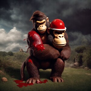 Donkey Kong holding Mario's head, blood dripping from the decapi...