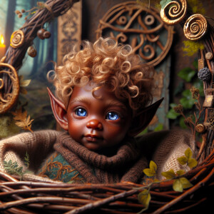 An elven baby with dark brown skin, blue eyes, and blonde hair.