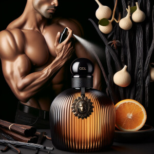 Man with model face spraying on his muscle body a perfume. 
Bott...