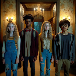 4 teenagers are standing in an abandoned mansion. There's an ope...