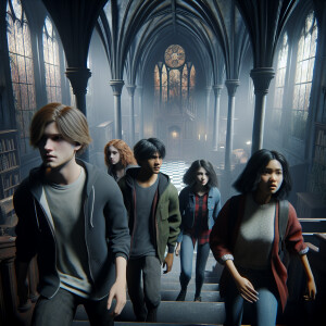 Four teenagers are in a dark scary mansion.