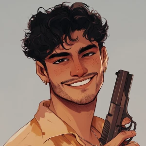 Cute man with black curly hair, short hair, thick eyebrows and a...