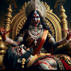 portrait of extremly angry looking goddess kali, sitting on a gold crown and carrying a weak mahishasur on her lap and stabbing him with her amazing long red finger nails. She is wearing diamond armor, a huge diamond crown, red saree, abundant diamond jewelry, covered in blood. The scene is set in ancient India. The image is 8K resolution, cinematic, ultra detailed face and epic.