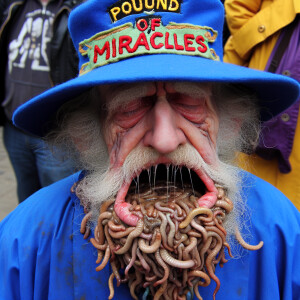 Weird old man wearing a blue cap that says “Pound of Miracles.”...