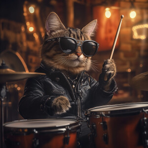 A full-body image of a cat dressed in sunglasses and a black lea...