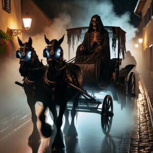 A spectral, skeletal figure cloaked in a tattered black robe dri...