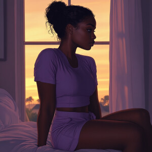 Design a compelling portrait of a dark-skinned woman with a sere...