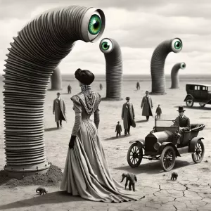 Post apocalyptic Create a monochromatic, early 20th-century scie...