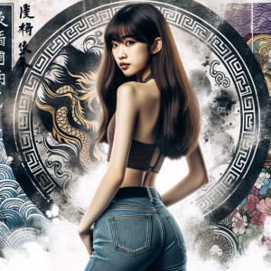 Attractive, Asian teenage girl, long brown hair and bangs, wearing tight skinny jeans and a halter top paint marks on her clothing, backside view heroic pose Asian graffiti