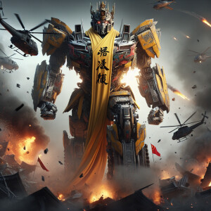 China as a transformer character, adorned with yellow emperor go...
