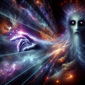 A spectral figure, half-shrouded in shadows and half-aglow with...